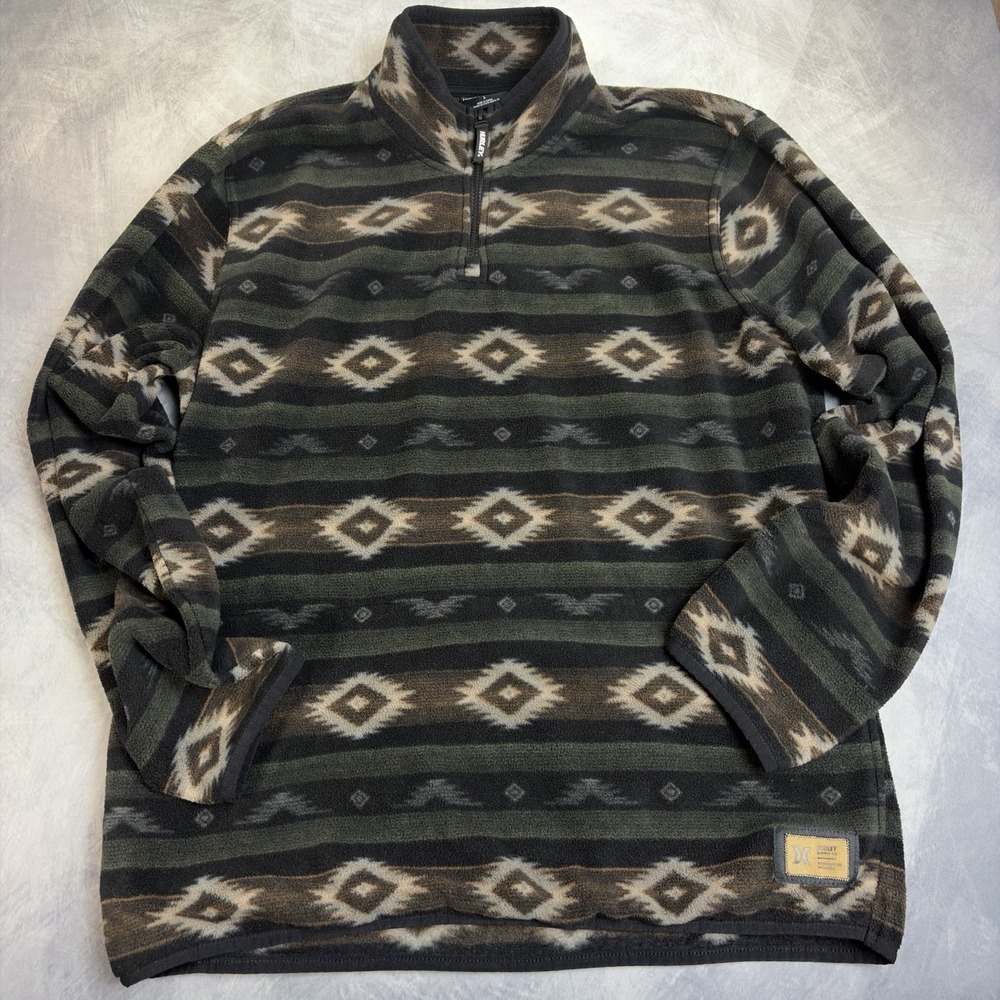 Hurley Men's L 1/4 Zip Fleece Pullover Sweatshirt Aztec Geo Green/Black